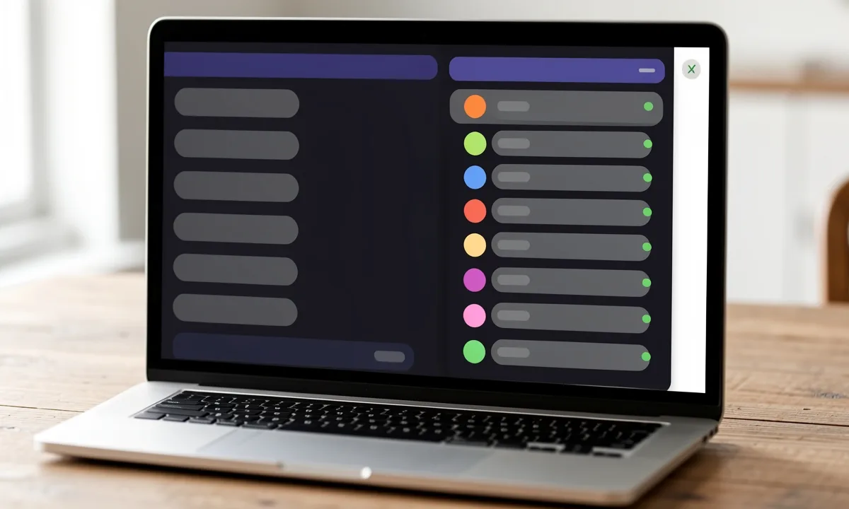Illustration: a chat app on a laptop with a member list of round avatars, each with a green online dot