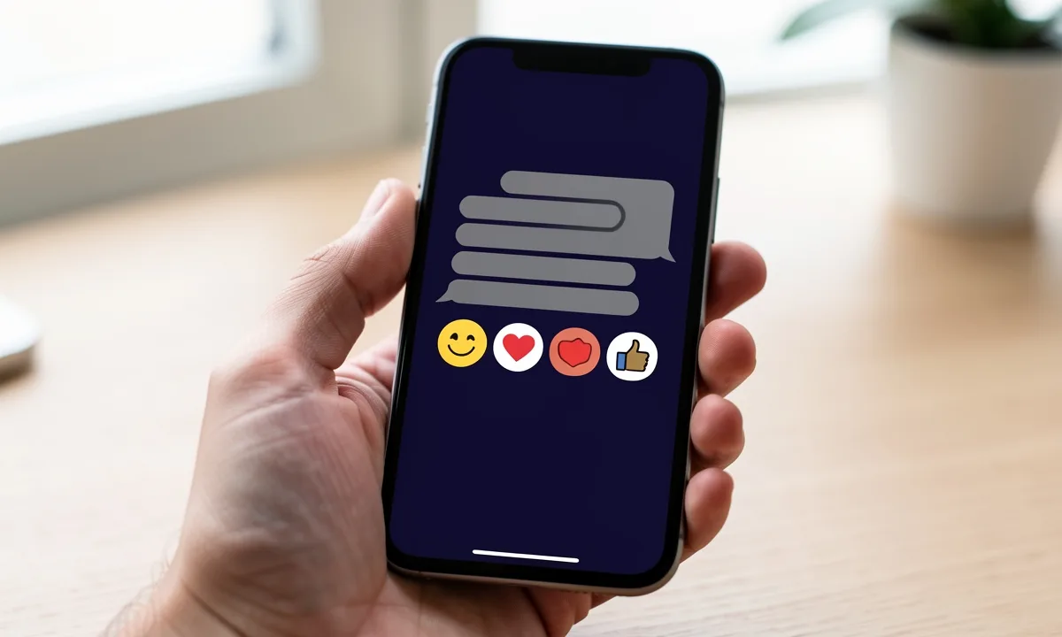 Illustration: a phone in a hand showing a chat message with a row of emoji reactions underneath