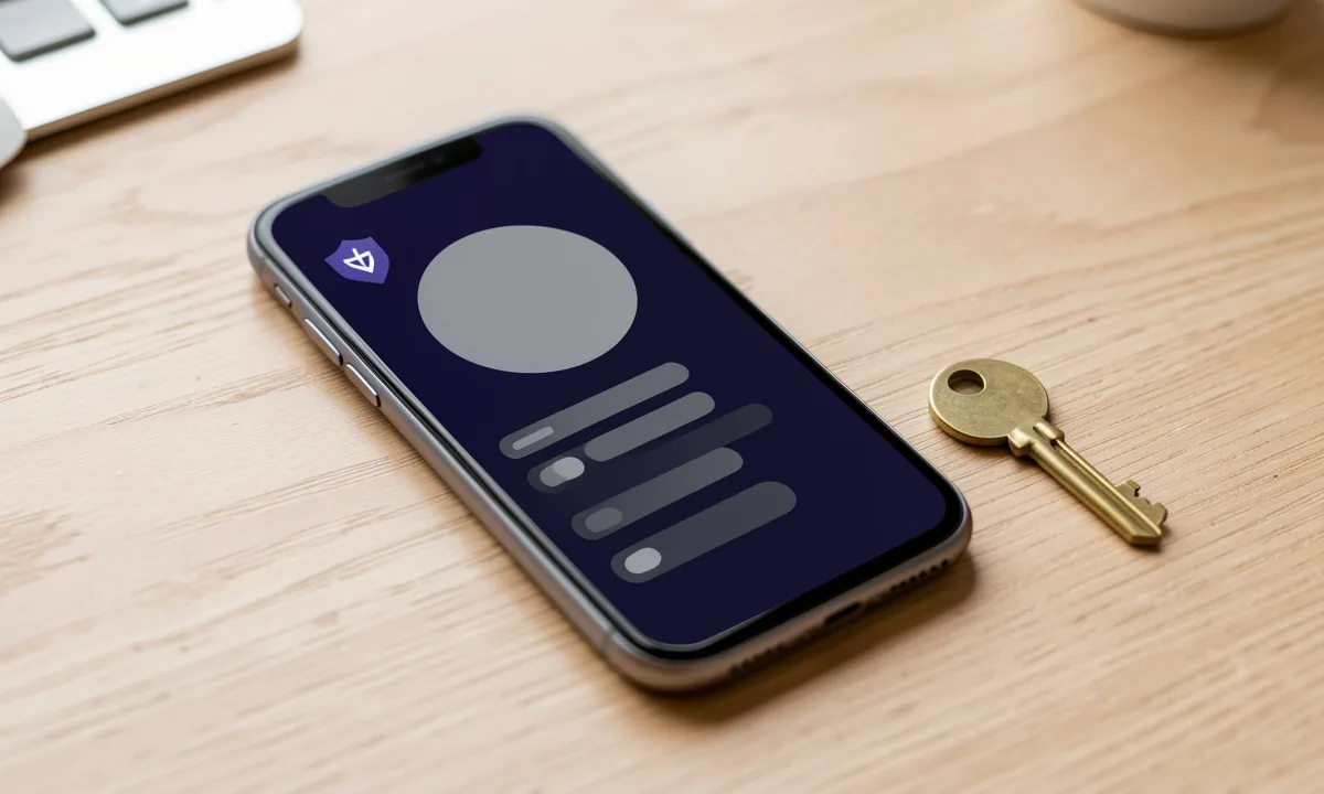 Illustration: a phone showing a profile card with a round avatar and a shield badge, a brass key beside it